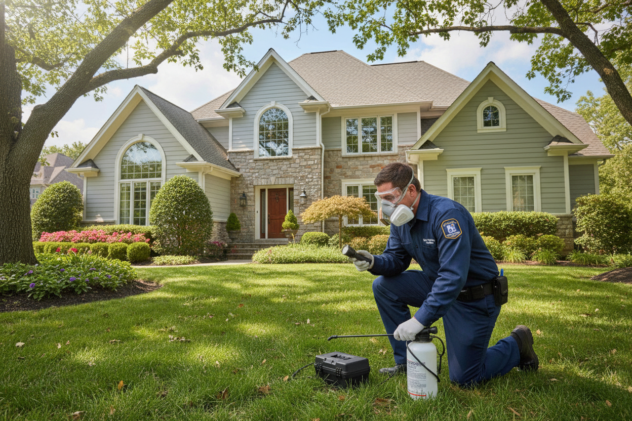 Professional pest control technician inspecting suburban home